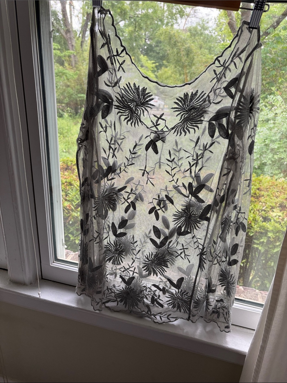 NWOT Anthropologie Sheer Floral Mesh Lace Top in soft grey green. Sz S.